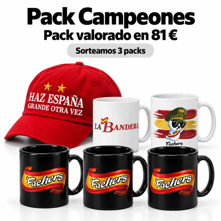 Pack Campeones: Gorra Campeones roja «Haz España Grande Otra Vez», Taza LaBandera, Taza Espiriti Frankin Edición 2, 3 tazas Fachers Frankin 1.0 negras