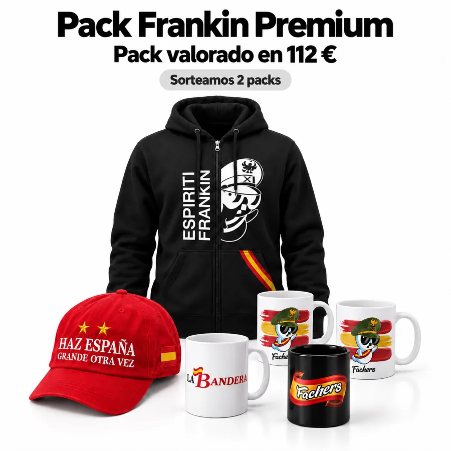 Pack Frankin Premium: Chaqueta Espiriti Frankin, Gorra Campeones roja «Haz España Grande Otra Vez», Taza LaBandera, 2 tazas Espiriti Frankin Edición 2, Taza Fachers Frankin 1.0 negra