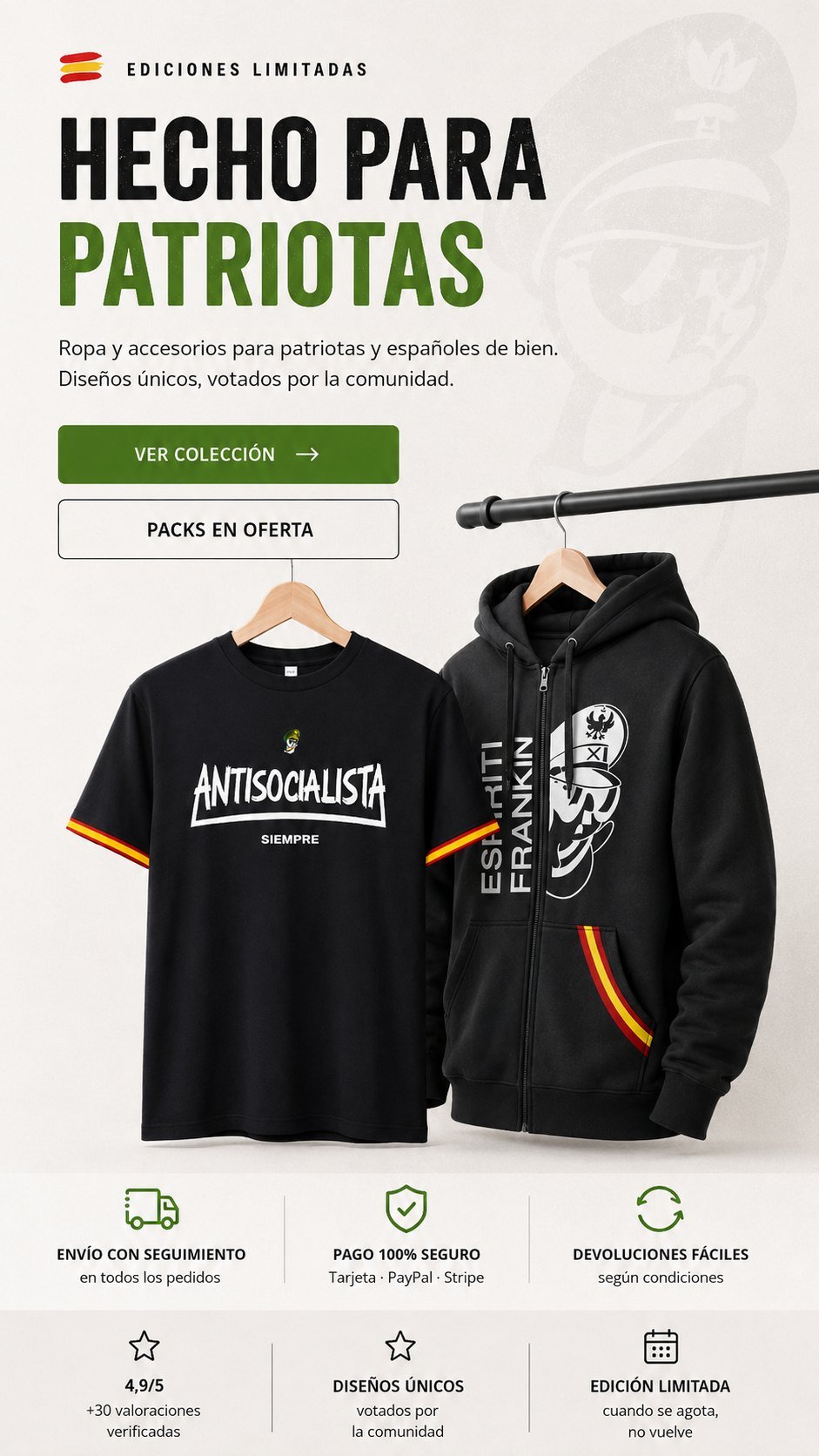 Hecho para patriotas · Ropa y accesorios para patriotas y españoles de bien. Diseños únicos votados por la comunidad, en ediciones limitadas.